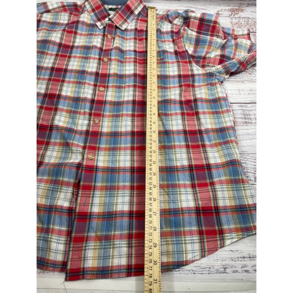 Mens WOOLRICH Red Blue Gold Plaid Short Sleeve Button Down Shirt sz XL - Picture 9 of 9